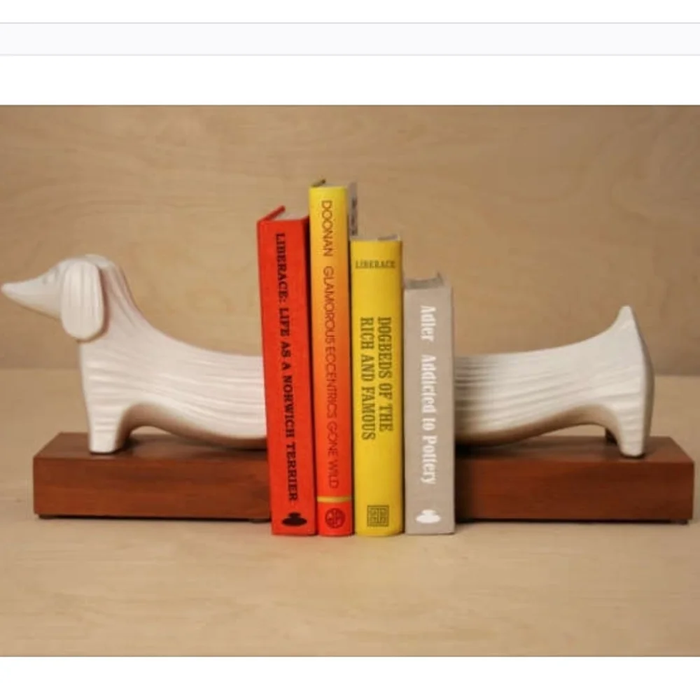 JONATHAN ADLER RARE White Ceramic Dachshund Dog Bookends on Wood Bases